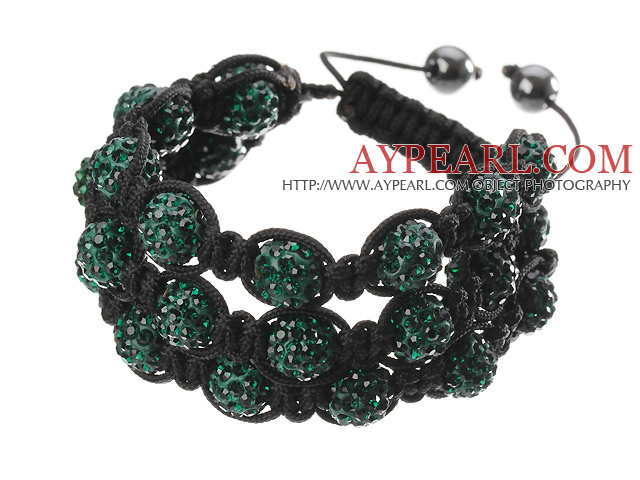 Populære Multilayer Blackish Grønn Round Polymer Clay Rhinestone og flettet Svart Snøring Bracelet
