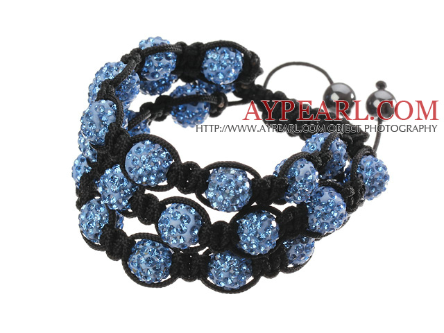 Popular Multilayer Blue Round Polymer Clay Rhinestone And Braided Black Drawstring Bracelet