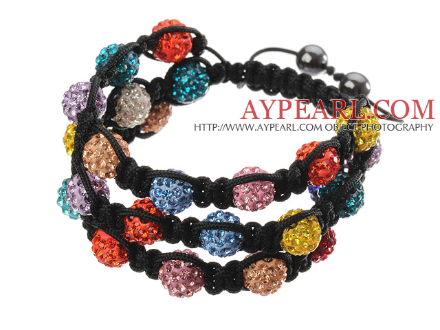Popular Multilayer Colorful Round Polymer Clay Rhinestone And Braided Black Drawstring Bracelet