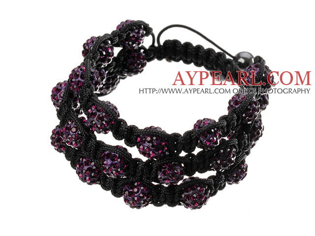 Popular Multilayer Purple Round Polymer Clay Rhinestone And Braided Black Drawstring Bracelet