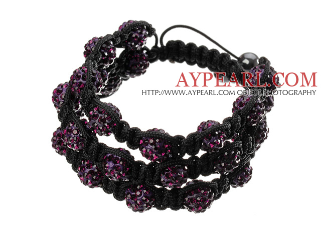 Δημοφιλή απανωτών Purple Round Polymer Clay τεχνητό Και Braided μαύρο κορδόνι βραχιόλι