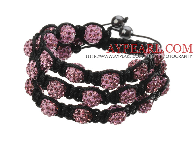 Popular Multilayer Pink Round Polymer Clay Rhinestone And Braided Black Drawstring Bracelet