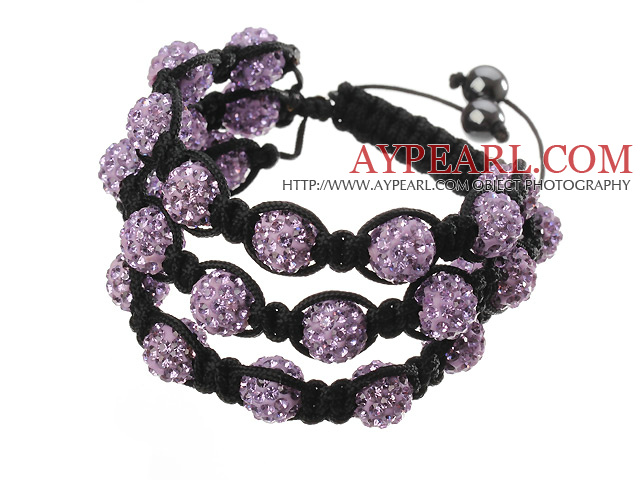 Popular Multilayer Purple Round Polymer Clay Rhinestone And Braided Black Drawstring Bracelet