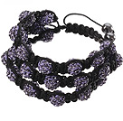 Populære Multilayer Purple Round Polymer Clay Rhinestone og flettet Svart Snøring Bracelet