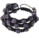 Popular Multilayer Purple Round Polymer Clay Rhinestone And Braided Black Drawstring Bracelet