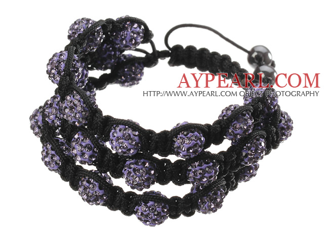 Popular Multilayer Purple Round Polymer Clay Rhinestone And Braided Black Drawstring Bracelet