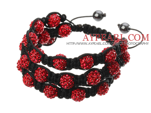 Popular Multilayer Red Round Polymer Clay Rhinestone And Braided Black Drawstring Bracelet