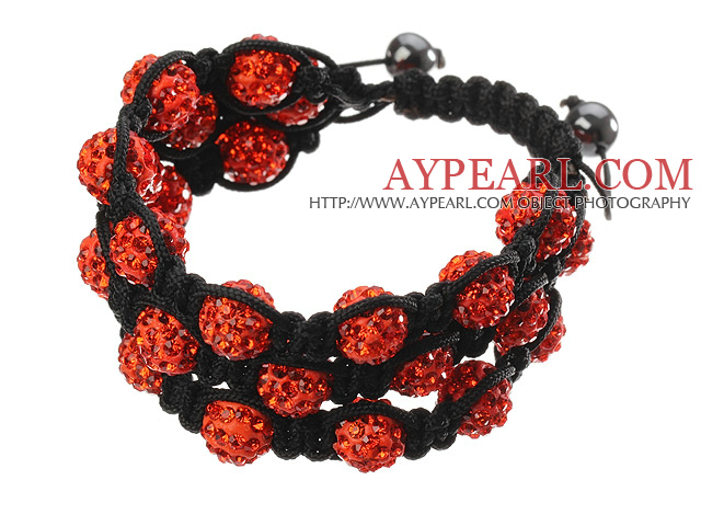 Popular Multilayer Orange Round Polymer Clay Rhinestone And Braided Black Drawstring Bracelet