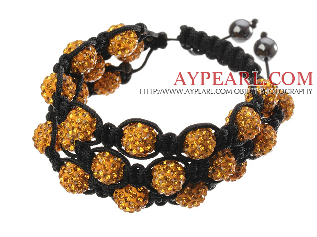 Popular Multilayer Orange Yellow Round Polymer Clay Rhinestone And Braided Black Drawstring Bracelet