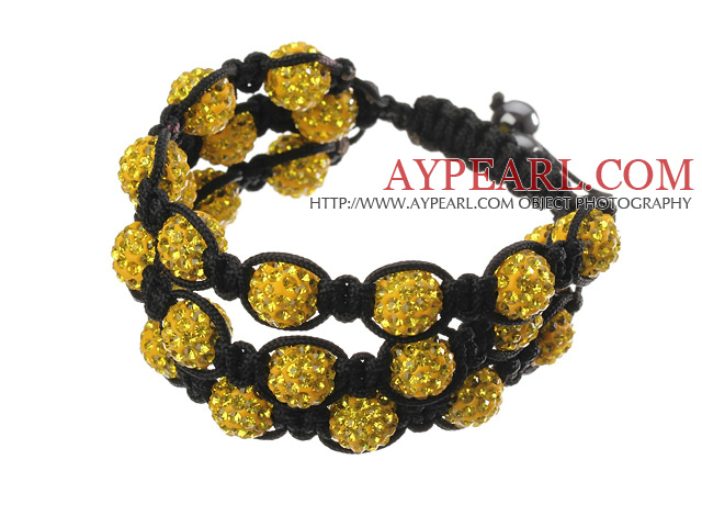 Populære Multilayer Yellow Round Polymer Clay Rhinestone og flettet Svart Snøring Bracelet