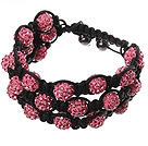 Popular Multilayer Pink Round Polymer Clay Rhinestone And Braided Black Drawstring Bracelet