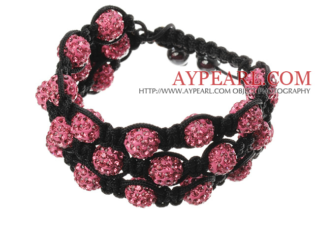 Popular Multilayer Pink Round Polymer Clay Rhinestone And Braided Black Drawstring Bracelet