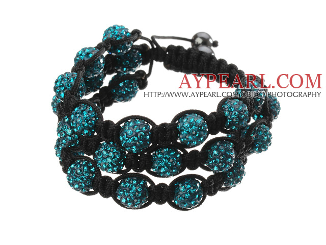 Popular Multilayer Blue Round Polymer Clay Rhinestone And Braided Black Drawstring Bracelet