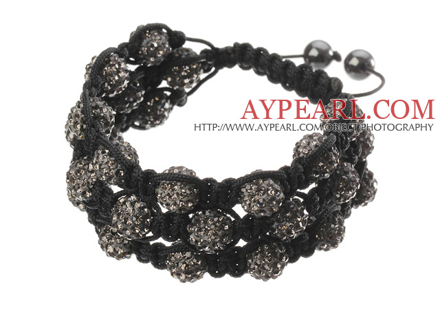 Popular Multilayer Blackish Grey Round Polymer Clay Rhinestone And Braided Black Drawstring Bracelet