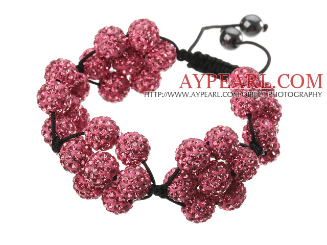 Populära Pink Round Polymer Clay Rhinestone Fem Kombination Blommor Och Flätad Svart Dragsko Armband