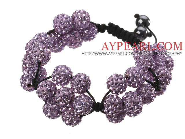 Populære Purple Round Polymer Clay Rhinestone Fem Kombinasjon Blomster og flettet Svart Snøring Bracelet