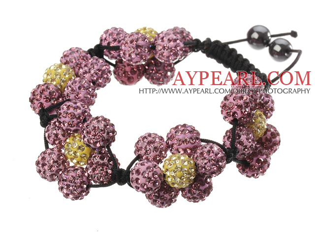 Beliebte Rosa und Gelb Runde Polymer Clay Strass Fünf Kombination Blumen Und Geflochtene Schwarz Kordelzug Armband