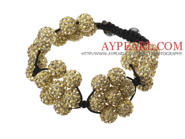 Populære Yellow Round Polymer Clay Rhinestone Fem Kombinasjon Blomster og flettet Svart Snøring Bracelet