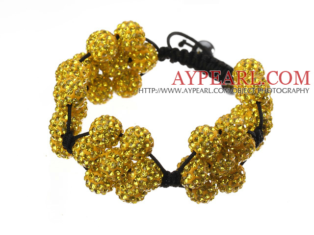 Populære Yellow Round Polymer Clay Rhinestone Fem Kombinasjon Blomster og flettet Svart Snøring Bracelet