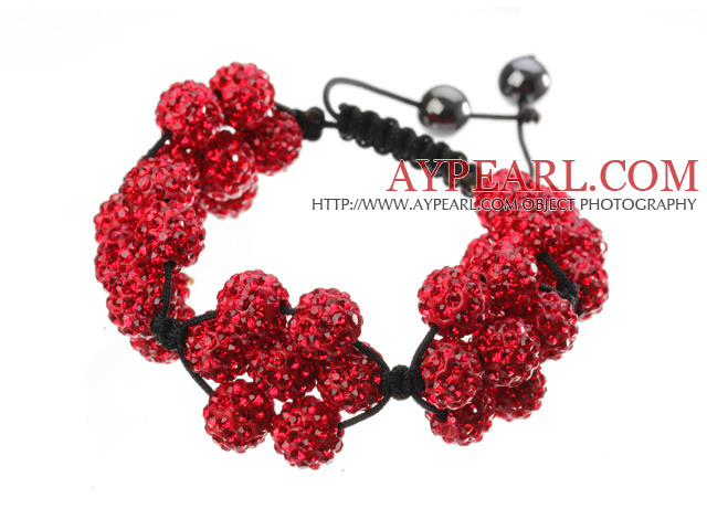 Popular Red Round Polymer Clay Rhinestone Five Combination Flowers And Braided Black Drawstring Bracelet