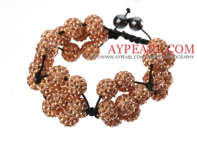 Popular Champagne Round Polymer Clay Rhinestone Five Combination Flowers And Braided Black Drawstring Bracelet