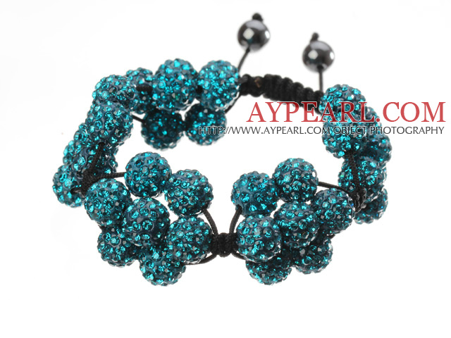 Popular Blue Round Polymer Clay Rhinestone Five Combination Flowers And Braided Black Drawstring Bracelet