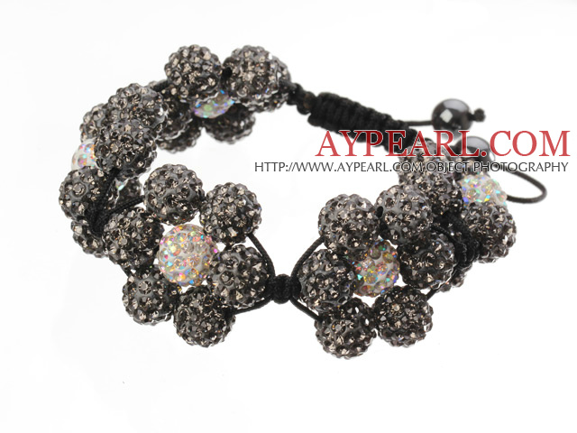 Popular Blackish Grey Round Polymer Clay Rhinestone Five Combination Flowers And Braided Black Drawstring Bracelet