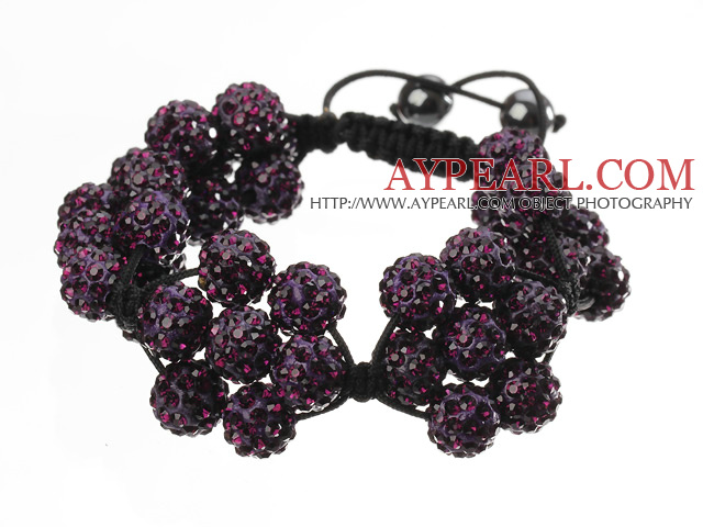 Populære Purple Round Polymer Clay Rhinestone Fem Kombinasjon Blomster og flettet Svart Snøring Bracelet