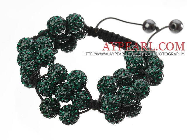 Populaire vert-foncé ronde d'argile de polymère strass Cinq Combinaison Fleurs Et tressé noir Bracelet cordon