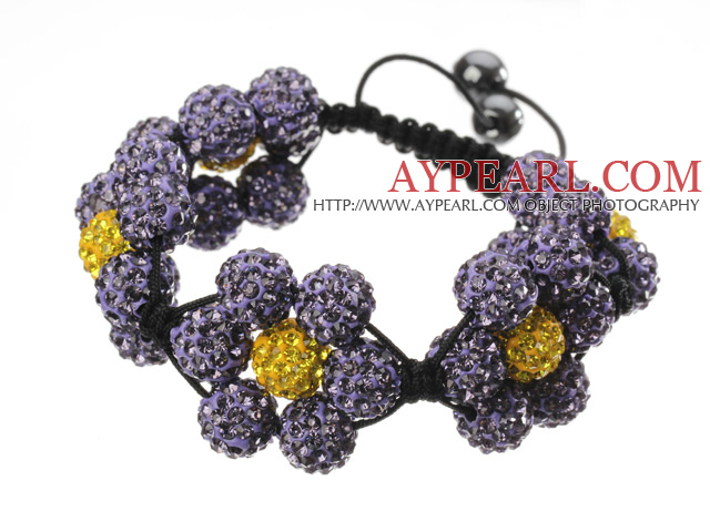Populære Purple Yellow Round Polymer Clay Rhinestone Fem Kombinasjon Blomster og flettet Svart Snøring Bracelet