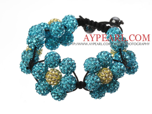 Popular Blue Yellow Round Polymer Clay Rhinestone Five Combination Flowers And Braided Black Drawstring Bracelet
