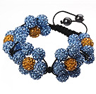 Popular Blue Yellow Round Polymer Clay Rhinestone Five Combination Flowers And Braided Black Drawstring Bracelet