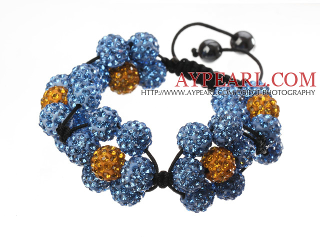 Populære Blå Gul Round Polymer Clay Rhinestone Fem Kombinasjon Blomster og flettet Svart Snøring Bracelet