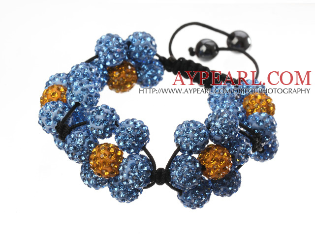 Popular Blue Yellow Round Polymer Clay Rhinestone Five Combination Flowers And Braided Black Drawstring Bracelet