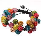 Popular Multi Colorful Round Polymer Clay Rhinestone Five Combination Flowers And Braided Black Drawstring Bracelet