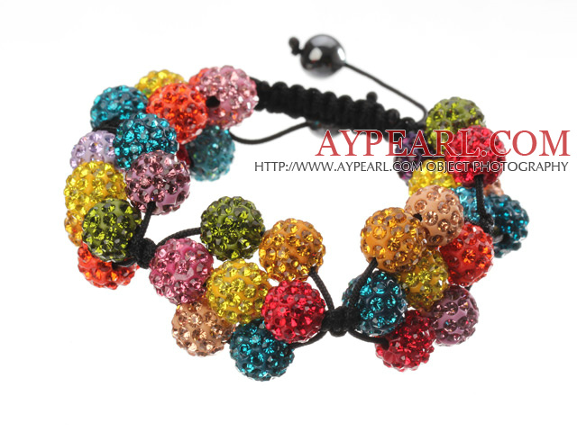 Beliebte Multi Bunte Runde Polymer Clay Strass Fünf Kombination Blumen Und Geflochtene Schwarz Kordelzug Armband