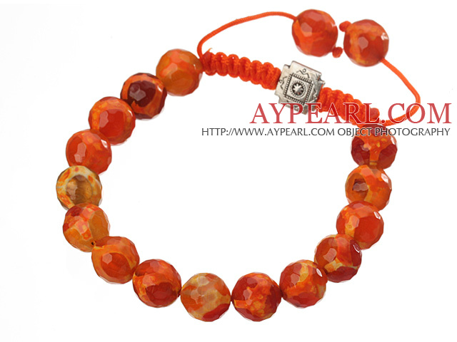 Fashion 10mm Orange Series Hand-painted Round Agate And Braided Drawstring Bracelet