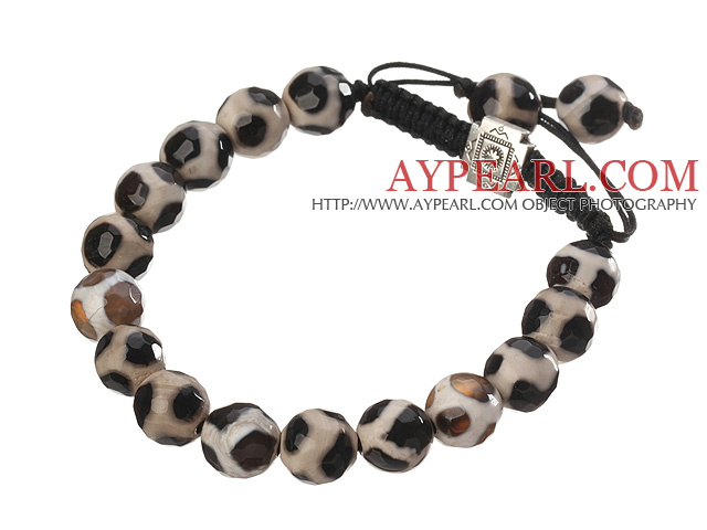 Fashion 10mm Black White Hand-painted Round Agate And Braided Black Drawstring Bracelet