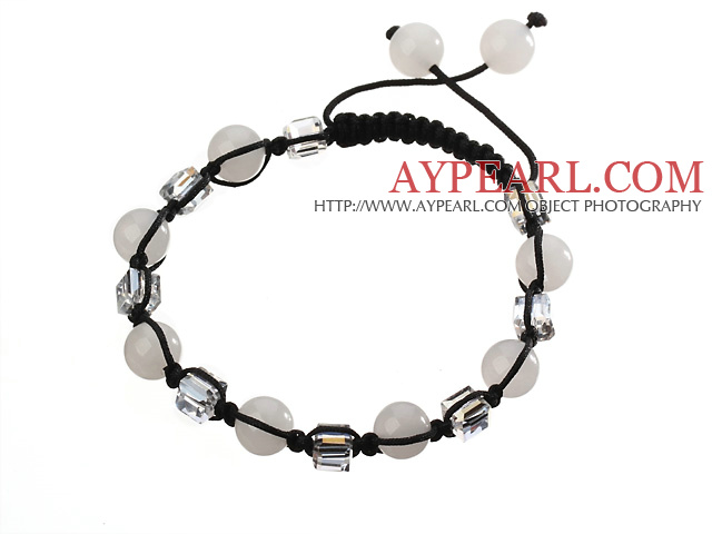 Lovely Round White Series Chalcedony And Square Crystal Black Drawstring Bracelet