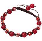 Lovely Round Red Series Carnelian And Square Crystal Black Drawstring Bracelet