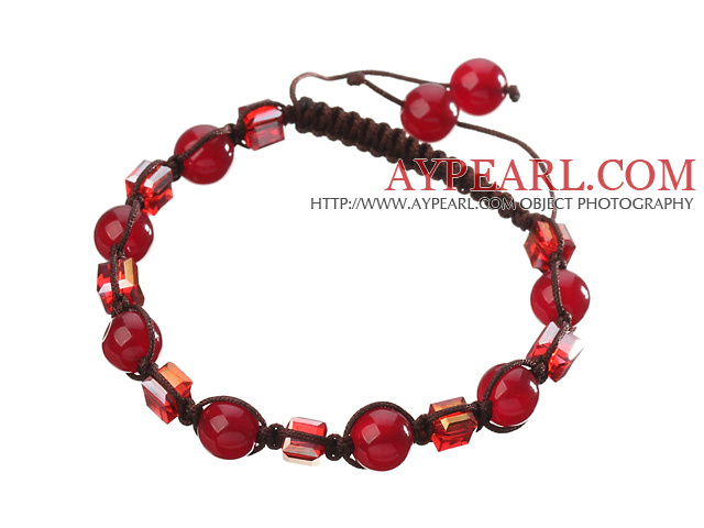 Lovely Round Red Series Carnelian And Square Crystal Black Drawstring Bracelet