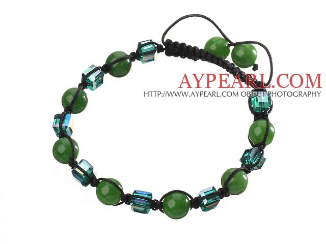 Lovely Round Chrysoprase And Square Crystal Black Drawstring Bracelet