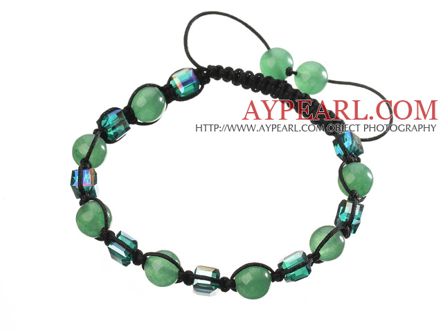 Lovely Round Green Series Aventurine And Square Crystal Black Drawstring Bracelet