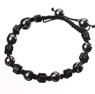 Wholesale Lovely Round Black Series Tungsten Steel And Square Manmade Crystal Black Drawstring Bracelet