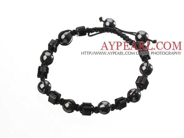 Lovely Round Black Series Tungsten Steel And Square Manmade Crystal Black Drawstring Bracelet