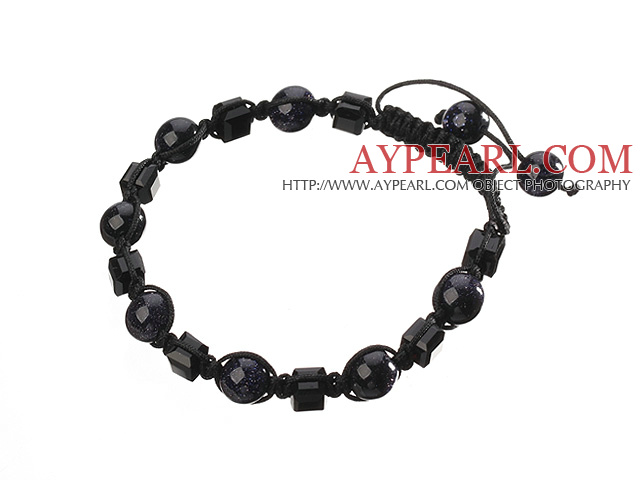 Lovely Round Blue Sandstone And Square Manmade Crystal Black Drawstring Bracelet