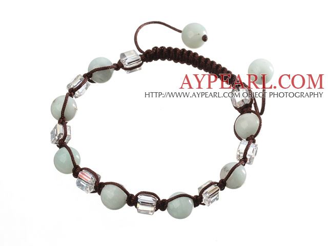 Υπέροχο Round Square Amazon και White Crystal Braided Brown Κορδόνι βραχιόλι
