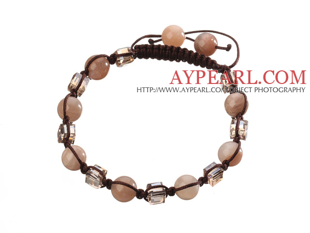 Lovely Round Sunstone And Square Crystal Braided Brown Drawstring Bracelet