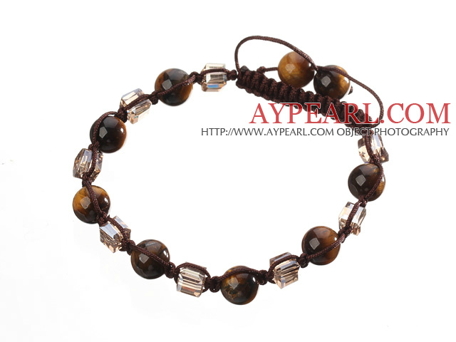 Nydelig Round Tiger Eye Og Square Crystal Flettet Brown Snøring Bracelet