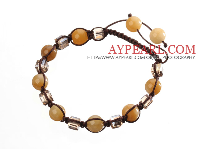 Nydelig Round Yellow Jade Og Square Crystal Flettet Brown Snøring Bracelet